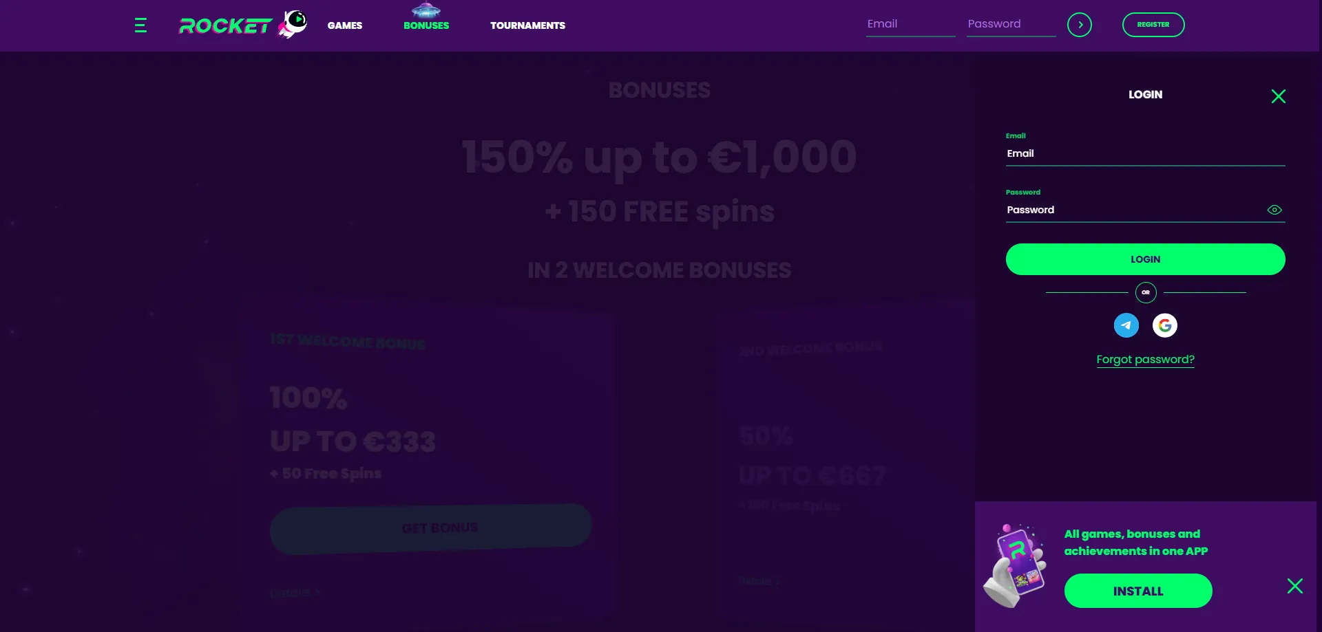 Casino Rocket mobile login screen on Android and iOS devices
